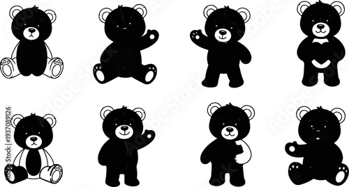 Collection of eight black teddy bears in various poses, illustrated