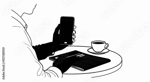 Person holding phone, reading newspaper, and drinking coffee at a table