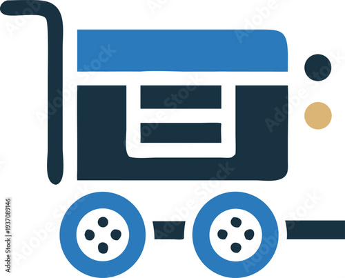 Blue wheeled cart icon displays handle and wheels on a white backdrop