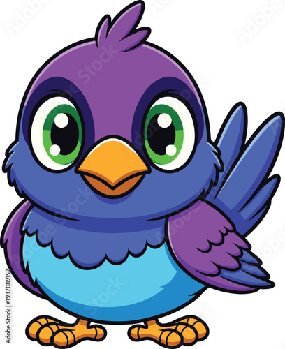 Cute cartoon baby bird illustration with purple and blue feathers large green eyes and orange beak isolated on white background for children stickers