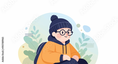 Cheerful child in winter attire, with backpack, surrounded by abstract natural elements