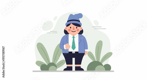 Chubby character in formal attire and hat, with plants