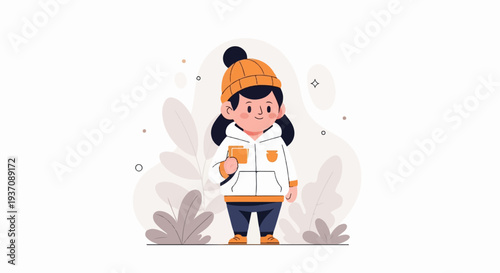 Cozy character in winter attire holding a warm drink amidst abstract foliage