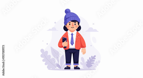 Cartoon child in winter hat and orange jacket holds smartphone, surrounded by stylized plants and clouds