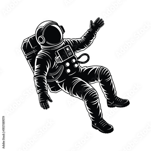 Astronaut floating in space a detailed black and white illustration