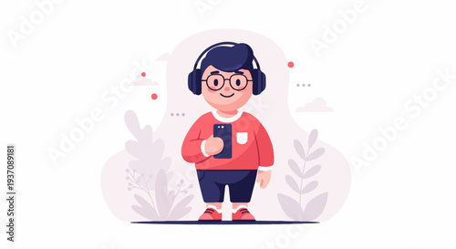 Cheerful boy wearing headphones and glasses, holding a smartphone, surrounded by minimalist plants