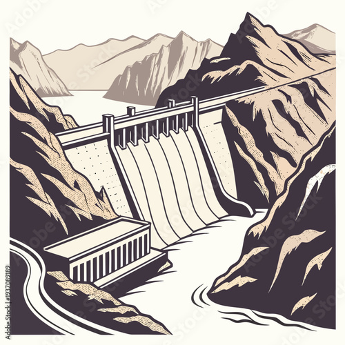 Dam with water flowing down in a mountainous landscape scene