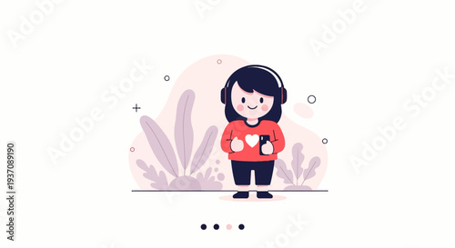 Cute cartoon girl with headphones and phone amidst abstract plants