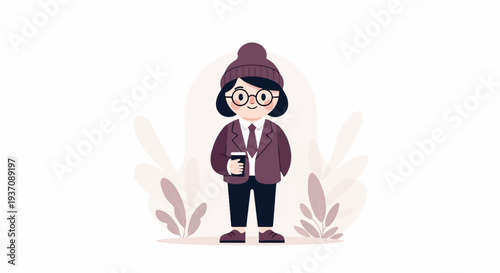 Cartoon person in a beanie, glasses, suit, holding a cup, surrounded by abstract plants