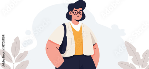 A stylized illustration of a person with glasses wearing a collared shirt and vest, carrying a bag