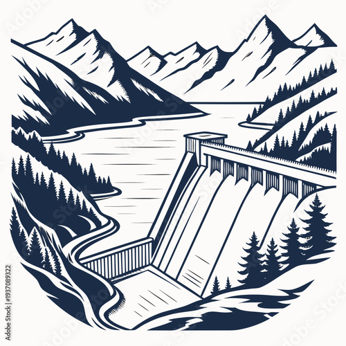 Dam with water flowing down in front of mountains and trees