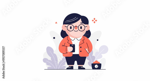 A charming, plump cartoon character in a coral jacket, holding a smartphone, with abstract foliage behind
