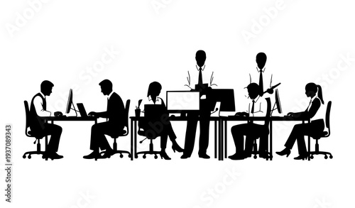 Corporate Office Team Silhouette Working at Computers in Modern Workplace