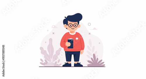 A cartoon child with dark hair, glasses, and a red sweater holds a book