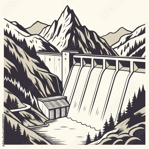 Black and white illustration of a dam in the mountains with trees