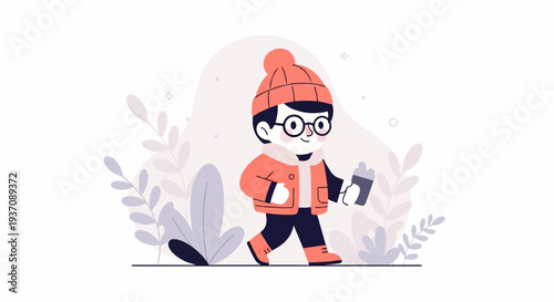 Cheerful person in winter attire, wearing a beanie and glasses, strolls with a beverage