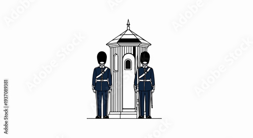 Two guards in uniform stand beside a ceremonial sentry box