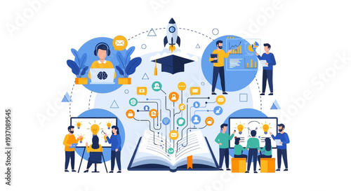 Knowledge Sharing and Startup Innovation Concept: E-Learning, Business Growth, Mentorship, and Collaborative Learning System Illustration.