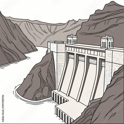 Illustration of a large dam in a mountainous landscape with a river