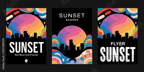 Sunset City Skyline Festival Design with Vibrant Abstract Colors – Modern Minimalist Vector Artwork for Music, Arts, and Event Graphics | Urban Sunset Illustration