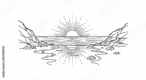 Stylized sunrise over a calm ocean, reflecting on rocks