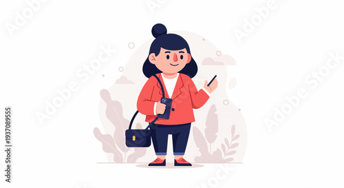 A person in a coral jacket and navy pants with a handbag, holding a phone and a pen