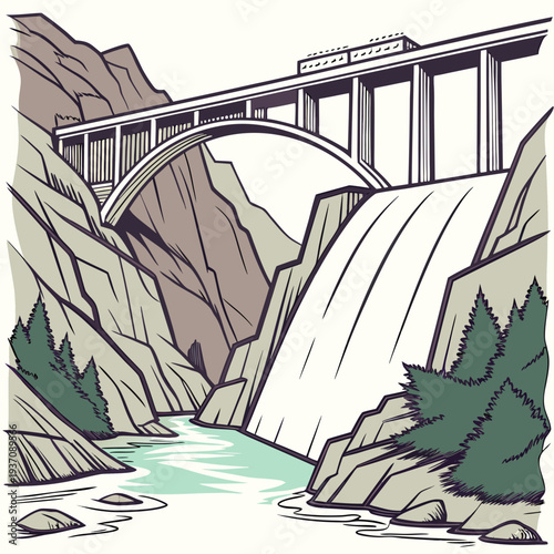 Illustration of a scenic bridge over a waterfall in a mountainous landscape
