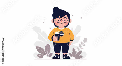 Whimsical character in yellow sweater holding a frothy beverage, surrounded by abstract foliage