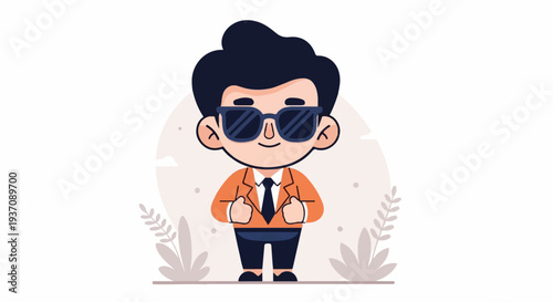 Cartoon man in orange jacket, blue tie, and sunglasses, hands up