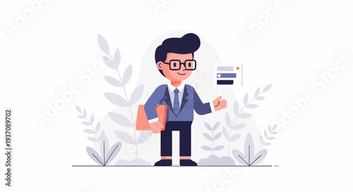 A stylized man in a suit and glasses holds a file, with abstract plants and a chart in the background