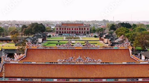 Aerial view of hue imperial city, the citadel of the nguyen dynasty in vietnam with the forbidden purple city, a unesco world heritage site