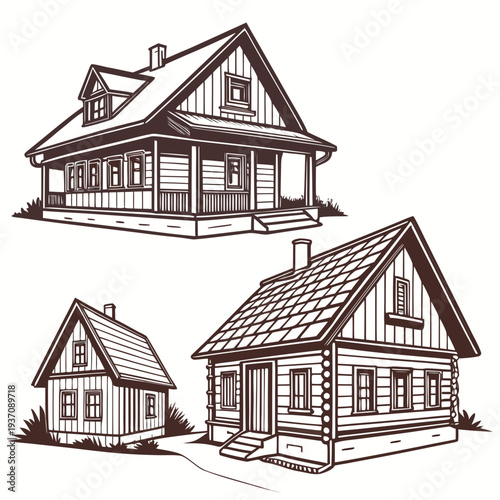Three different wooden house designs with gable roofs and chimneys
