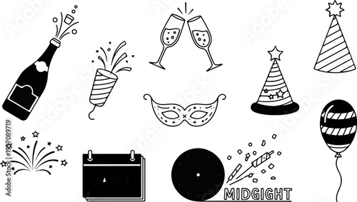 Festive New Year's Eve icons champagne, hats, mask, balloon, calendar, clock, fireworks