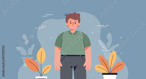 A minimalist illustration of a smiling person in a green shirt and grey pants
