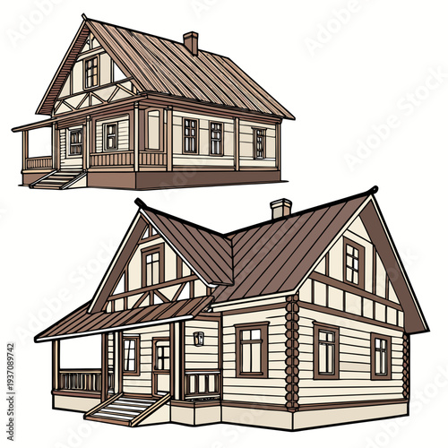 Two brown and beige houses with gable roofs