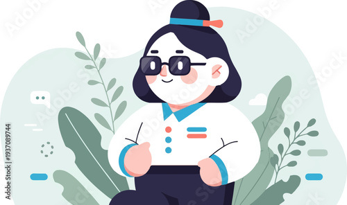 A whimsical, flat illustration of a person with dark hair, glasses, and a collared shirt amidst greenery