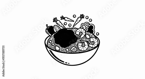 A black and white illustration of a bowl of rice with shrimp, carrots, and peppers