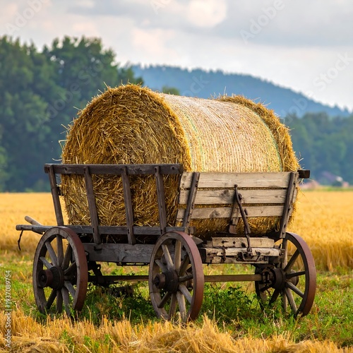 An aged, wooden wagon laden with a large cylindrical hay bale sits in a golden field, with trees and a hill in the distance