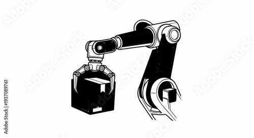 A black and white illustration of a robotic arm holding a box