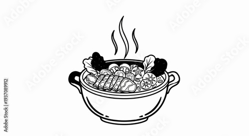 A steaming bowl filled with ingredients like meat, mushrooms, and leafy greens