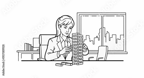 A woman in a suit plays a tower-building game in an office with a city view