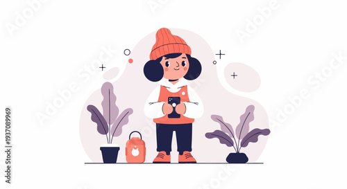 Young person in beanie and vest holding smartphone amidst plants and abstract shapes