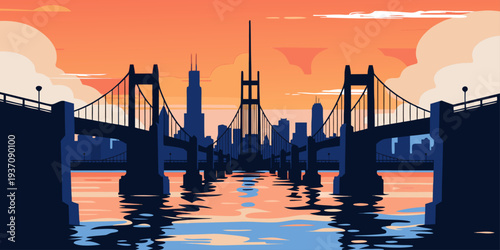Sunset Suspension Bridge and City Skyline with Reflective Water – Minimalist Flat Vector Panoramic Illustration | USA Urban Landscape Art