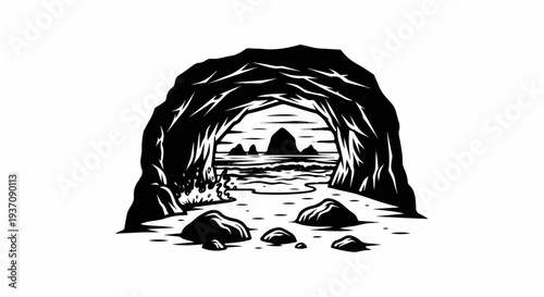 View of ocean stacks and waves from inside a rocky cave