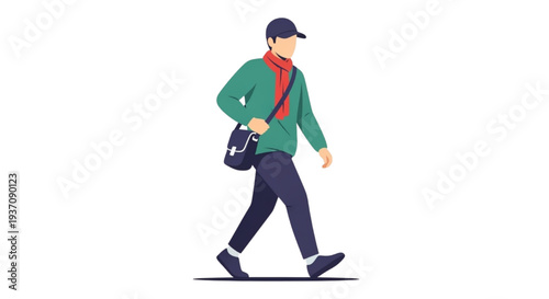 Man in Casual Winter Clothing Walking with a Messenger Bag