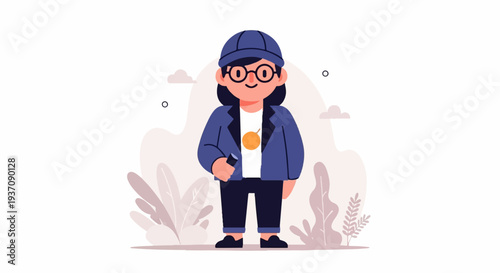 Cartoon person with round glasses, blue cap, jacket, and orange fruit on shirt