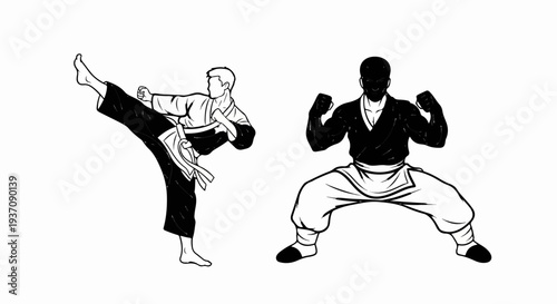 Two martial artists in striking poses, one kicking, the other ready