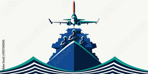 Stylized illustration depicts an airplane flying above a naval ship at sea