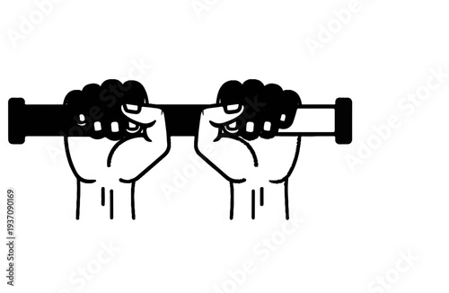 Two fists clench a horizontal bar, symbolizing power and unity