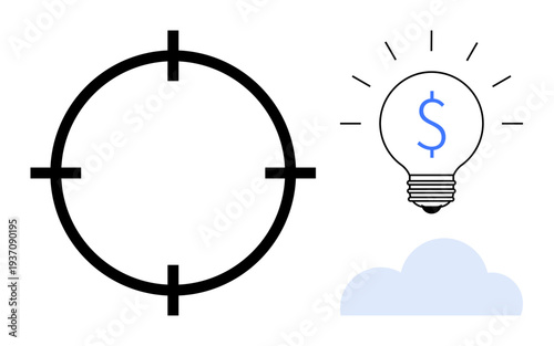 Financial planning, goal setting, business strategy, innovation, investment ideas, entrepreneurship. Circular target and illuminated lightbulb with dollar sign. Financial planning and goal setting
